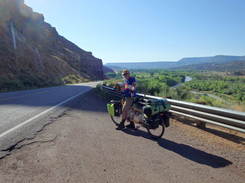 GDMBR: Dennis Struck and the Bee overlooking the Rio Chama near Abiquiu, NM.